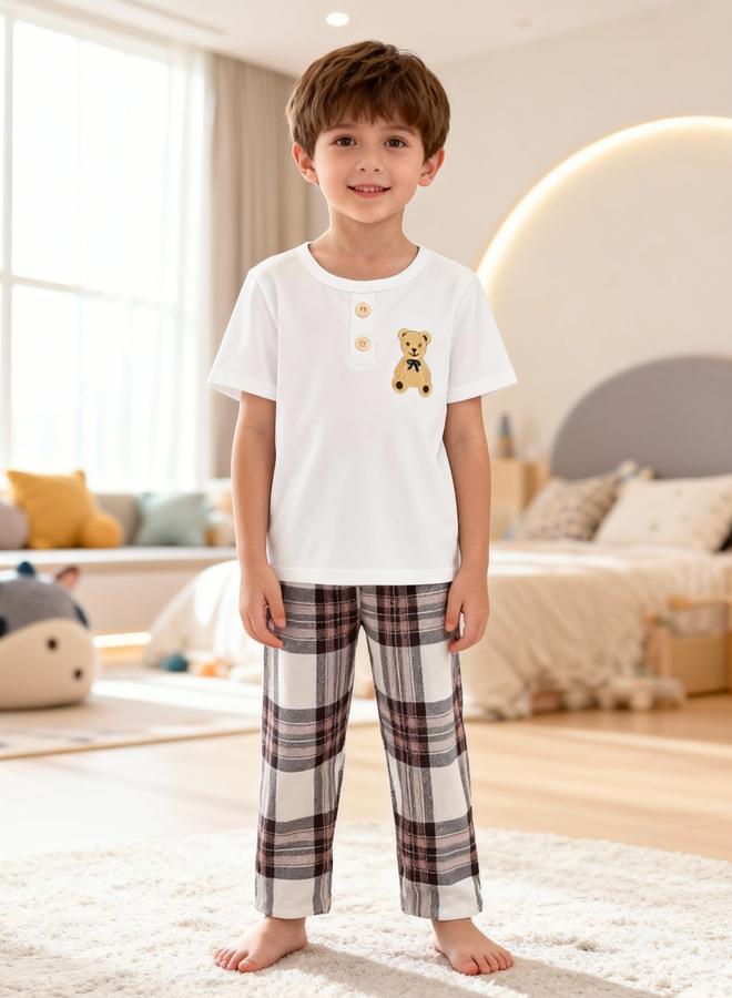 Take Two Boys Bear Print T-Shirt And Checked Pyjama Set - Image 2