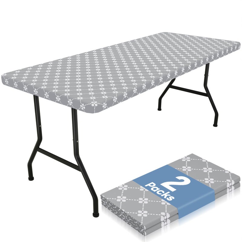 Misaya 2 Pack Rectangle Vinyl Table Cloth, Elastic Fitted Tablecloth With Flannel Backing, Waterproof Table Cover Fits 6 Foot Folding Tables For Camping, Indoor And Outdoor (Light Grey, 30"" X 72"") - Image 1