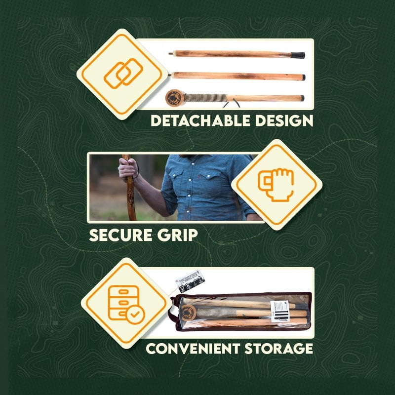 SE 3 Piece 55" Detachable Pine Wood Walking/Hiking Stick with Metal Tip, Reinforced Rubber Tip, and Water-Resistant Travel Pouch - Portable and Durable for Outdoor Adventures - Image 5