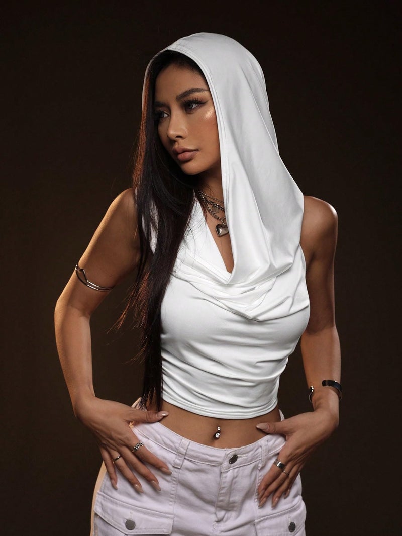 Floerns Rave Outfits for Women Sexy Backless Hoodie Draped Halter Tank Top Going Out Concert Festival Party Streetwear White Medium - Image 5
