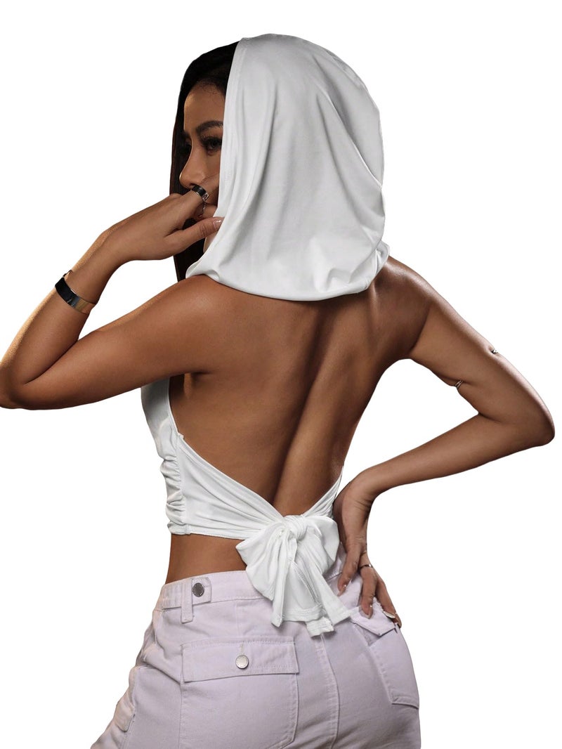 Floerns Rave Outfits for Women Sexy Backless Hoodie Draped Halter Tank Top Going Out Concert Festival Party Streetwear White Medium - Image 1