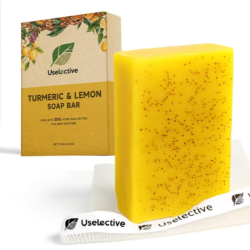 Uselective Lemon & Turmeric Glow Soap Bar for Dark Spots Remover, Powered by Kojic Acid & Vitamin C for Brightening & Fading Acne Scars - 3x Moisturizing with Shea Butter - SLS Free - Image 1