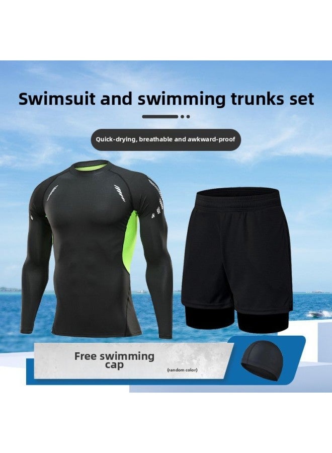 Swimsuit Men's Awkward-proof Five-point Swimming Trunks Short Body Men's Suit Hot Spring Equipment Diving-Color:(swimming Cap) 001 Gray + Black Trousers-