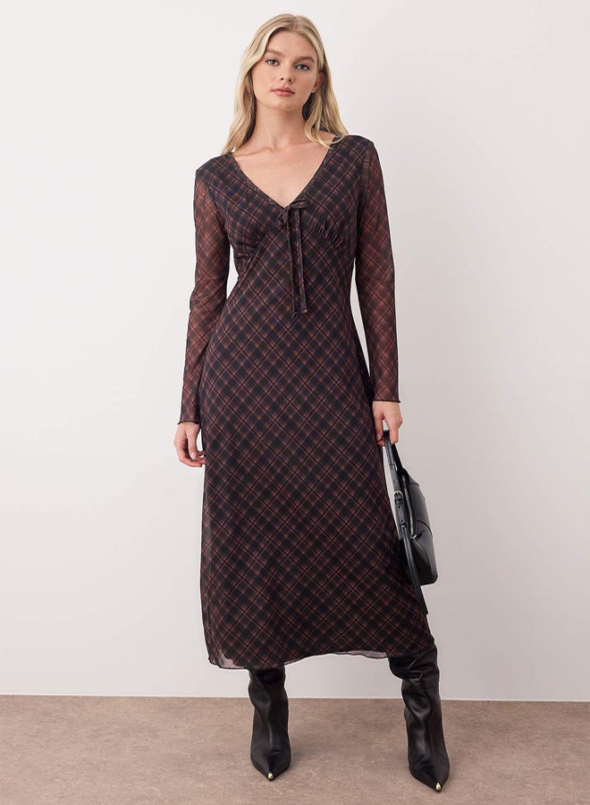 trendyol Multicolored Plaid Printed Maxi Knitted Dress with TieUp Detail - Image 1