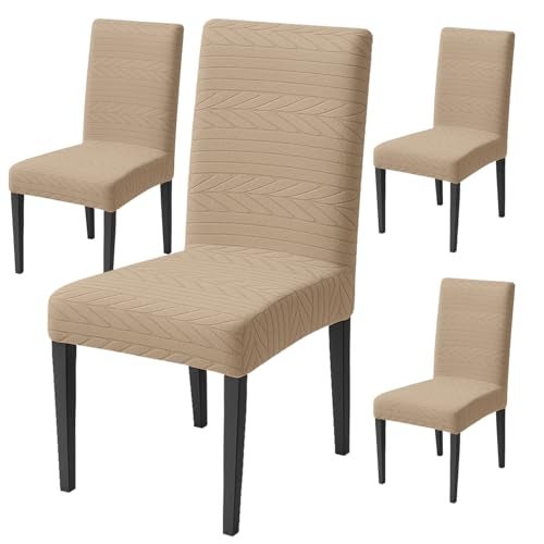 House of Quirk Flexible Stretch Dining Chair Cover – 220 GSM Jacquard Fabric, Universal Fit Short Seat Protector, Washable Slipcover (Khaki, Pack of 4) - Image 1