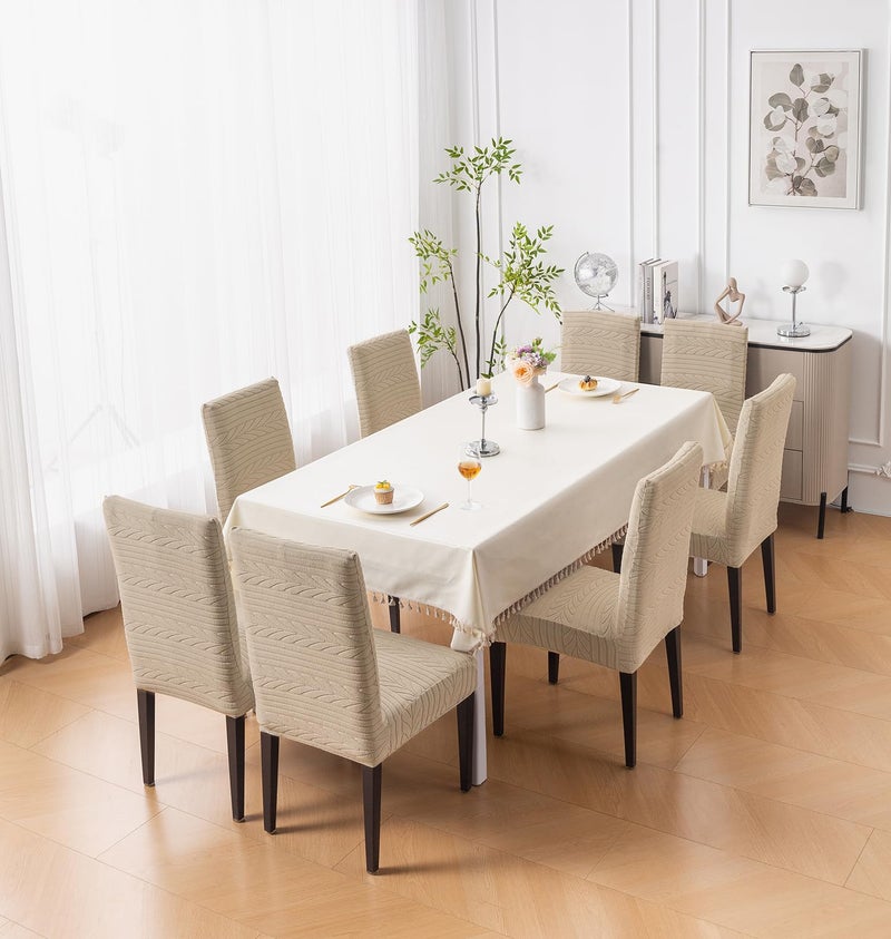 House of Quirk Flexible Stretch Dining Chair Cover – 220 GSM Jacquard Fabric, Universal Fit Short Seat Protector, Washable Slipcover (Khaki, Pack of 4) - Image 4