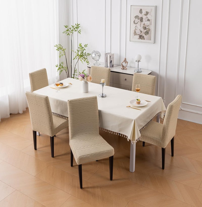 House of Quirk Flexible Stretch Dining Chair Cover – 220 GSM Jacquard Fabric, Universal Fit Short Seat Protector, Washable Slipcover (Khaki, Pack of 4) - Image 3