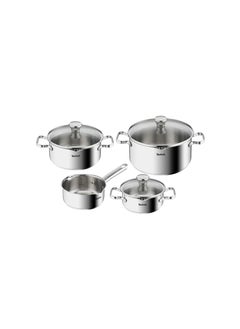 Tefal A705A8 Duetto 7 Piece Cooking Pot Set Stainless Steel Cookware With Strainer Lid And Pouring Aid Measuring Scales Induction Cooker Compatible For All Types Of Stoves Silver