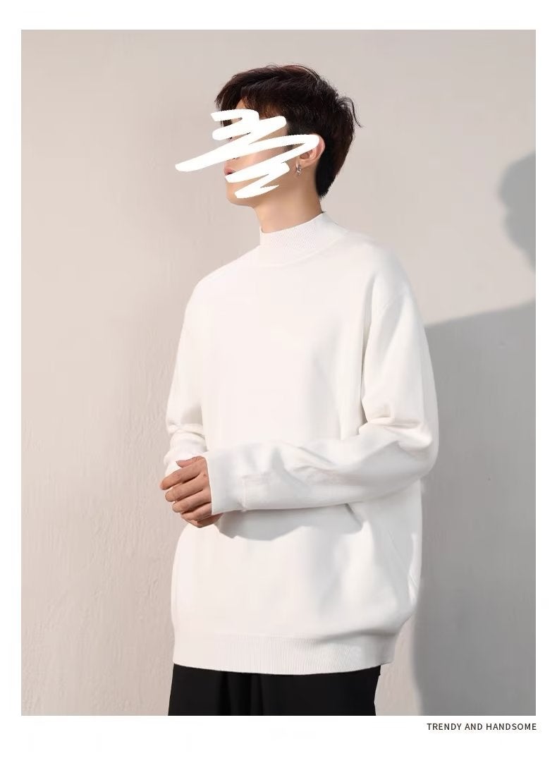 Generic - Loose Fit Mens Knitted Sweater Half High Collar Long Sleeve Winter Fashion Youthful Korean Style Cotton Wool Blend Base Layer Shirt White - Image 1