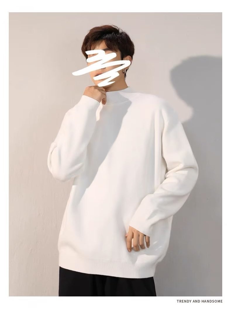 Generic - Loose Fit Mens Knitted Sweater Half High Collar Long Sleeve Winter Fashion Youthful Korean Style Cotton Wool Blend Base Layer Shirt White - Image 1