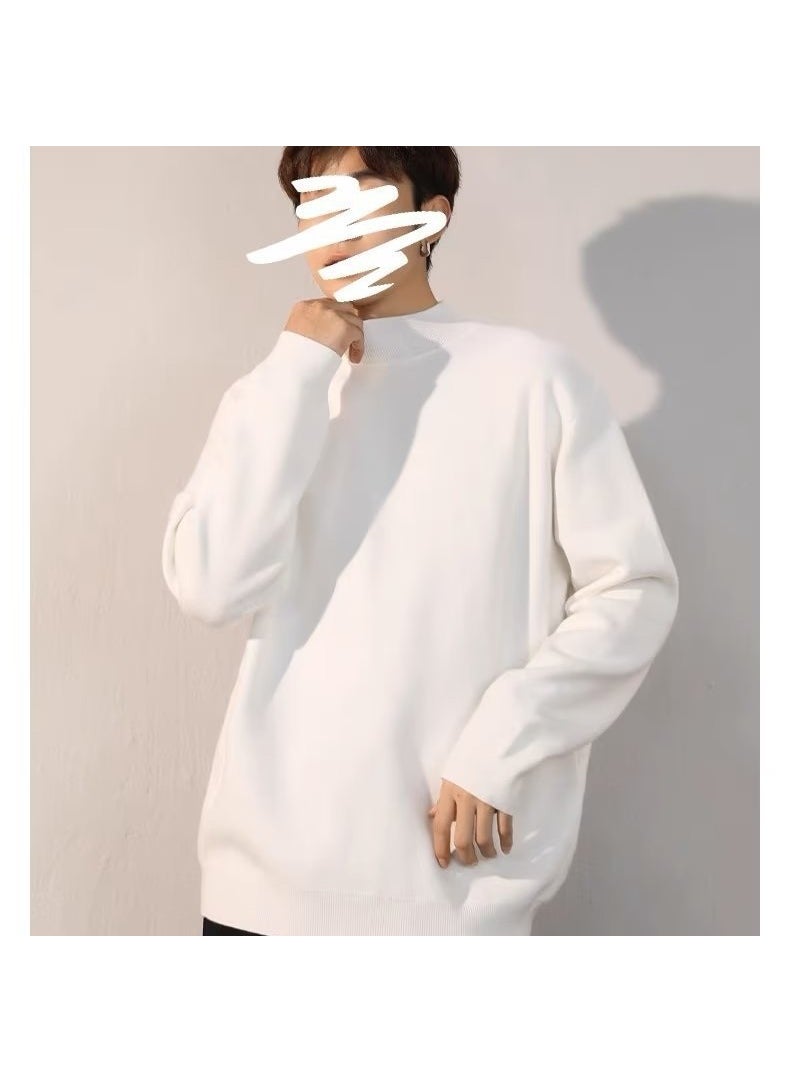 Generic - Loose Fit Mens Knitted Sweater Half High Collar Long Sleeve Winter Fashion Youthful Korean Style Cotton Wool Blend Base Layer Shirt White - Image 1
