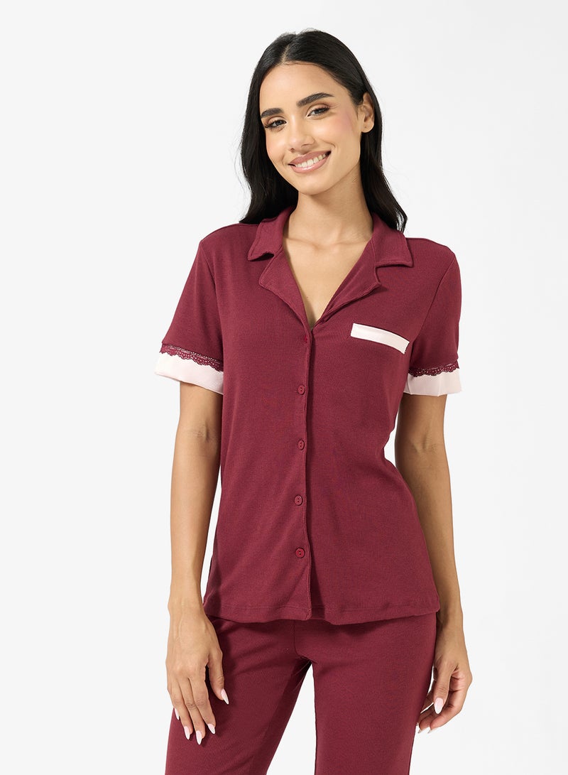 جينجر طقم قميص وبيجامة بأزرار وتفاصيل دانتيل - Image 3