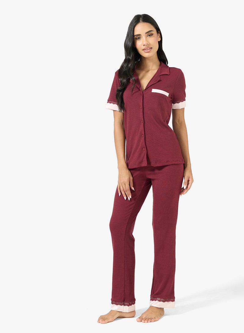 جينجر طقم قميص وبيجامة بأزرار وتفاصيل دانتيل - Image 1