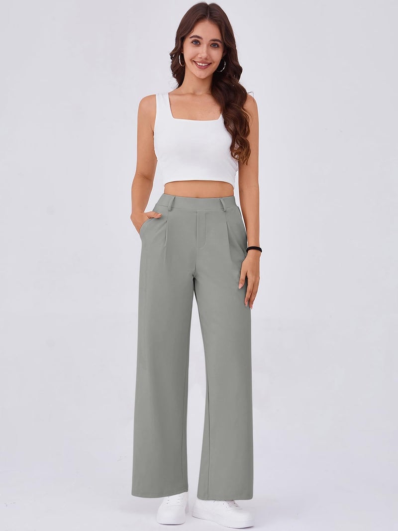 Gracyoga Women's Dress Pants Stretchy Wide Leg Work Pants High Waisted Casual Trousers Plus Size Slacks with Pockets Light Grey XL - Image 3