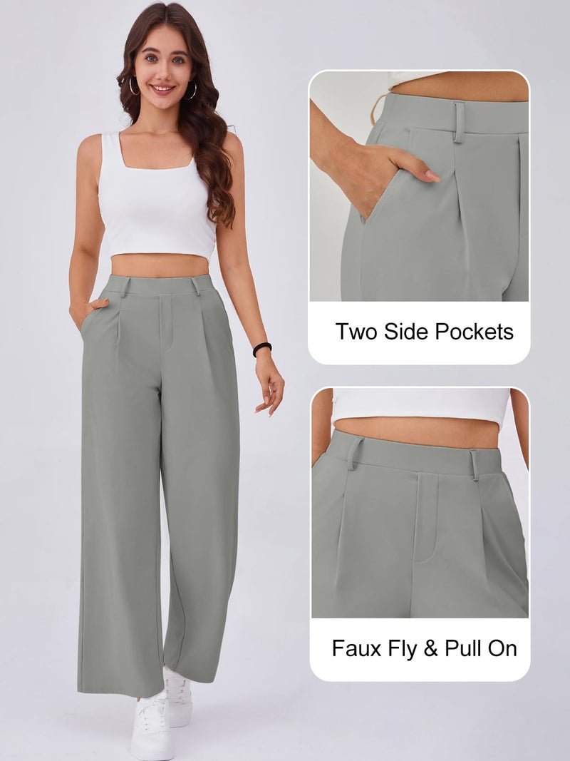 Gracyoga Women's Dress Pants Stretchy Wide Leg Work Pants High Waisted Casual Trousers Plus Size Slacks with Pockets Light Grey XL - Image 5