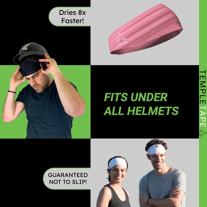 Temple Tape, Value 2-Pack, Mens Headband - Guys Sports Headbands Moisture Wicking Workout Sweatbands for Running, Cross Training, Skiing and Bike Helmet Friendly - 1-Black & 1-Pink Sweatband - Image 4