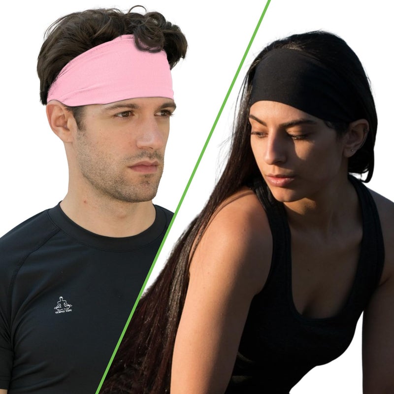 Temple Tape, Value 2-Pack, Mens Headband - Guys Sports Headbands Moisture Wicking Workout Sweatbands for Running, Cross Training, Skiing and Bike Helmet Friendly - 1-Black & 1-Pink Sweatband - Image 5