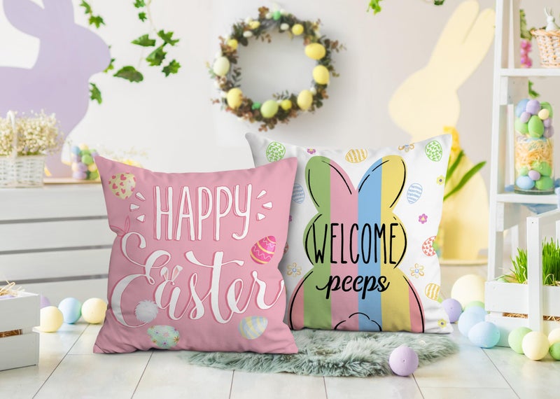 Hexagram Easter Pillow Covers 18x18 Set of 4, Easter Decorations for Sofa, Indoor, Outdoor, Decorative Blue Pink Buffalo Plaid Bunny Pillow Cover Spring Decor for Home - Image 4