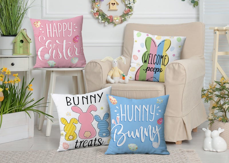Hexagram Easter Pillow Covers 18x18 Set of 4, Easter Decorations for Sofa, Indoor, Outdoor, Decorative Blue Pink Buffalo Plaid Bunny Pillow Cover Spring Decor for Home - Image 3