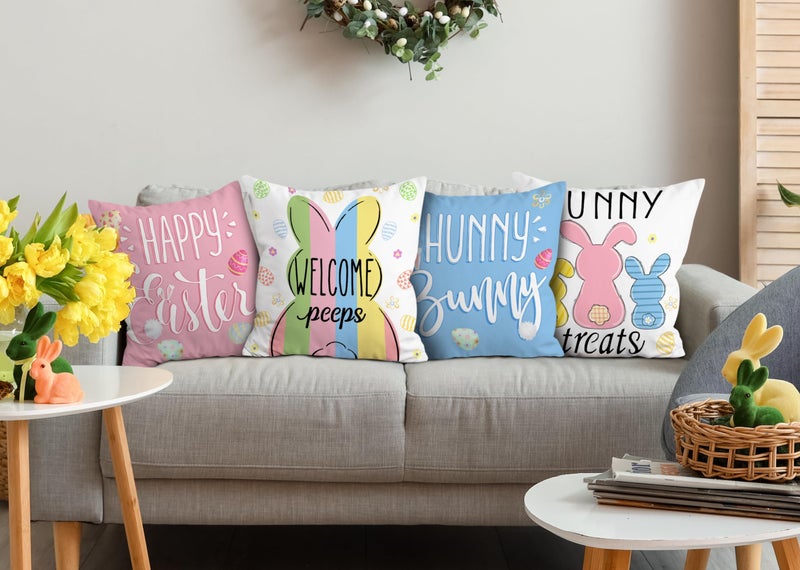 Hexagram Easter Pillow Covers 18x18 Set of 4, Easter Decorations for Sofa, Indoor, Outdoor, Decorative Blue Pink Buffalo Plaid Bunny Pillow Cover Spring Decor for Home - Image 2