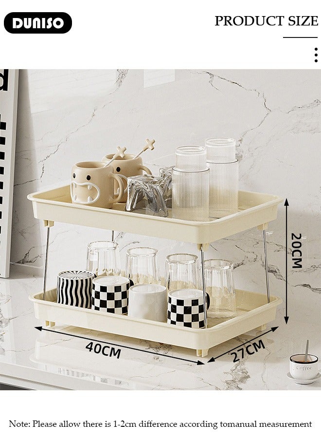 DUNISO 2 Tier Cup Drying Rack with Drain Tray, Countertop Mug Holder,Spice Rack,Water Cup Drying Rack,Cup Storage Shelf, Multi-Functional Kitchen Storage Organizer Shelf for Home, Bathroom, Kitchen Glasses, Tumbler, Teacups  - Image 2