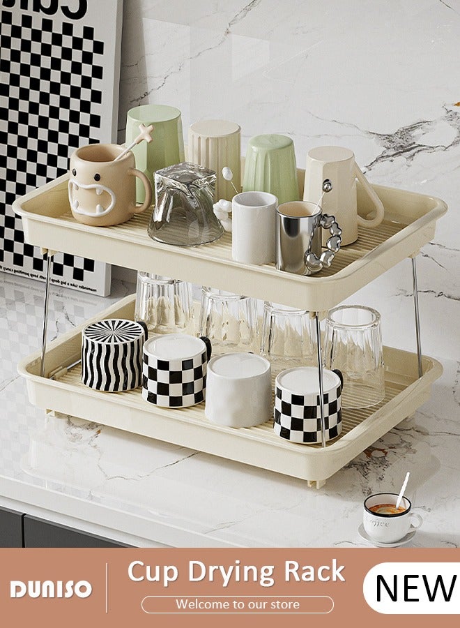 DUNISO 2 Tier Cup Drying Rack with Drain Tray, Countertop Mug Holder,Spice Rack,Water Cup Drying Rack,Cup Storage Shelf, Multi-Functional Kitchen Storage Organizer Shelf for Home, Bathroom, Kitchen Glasses, Tumbler, Teacups  - Image 1