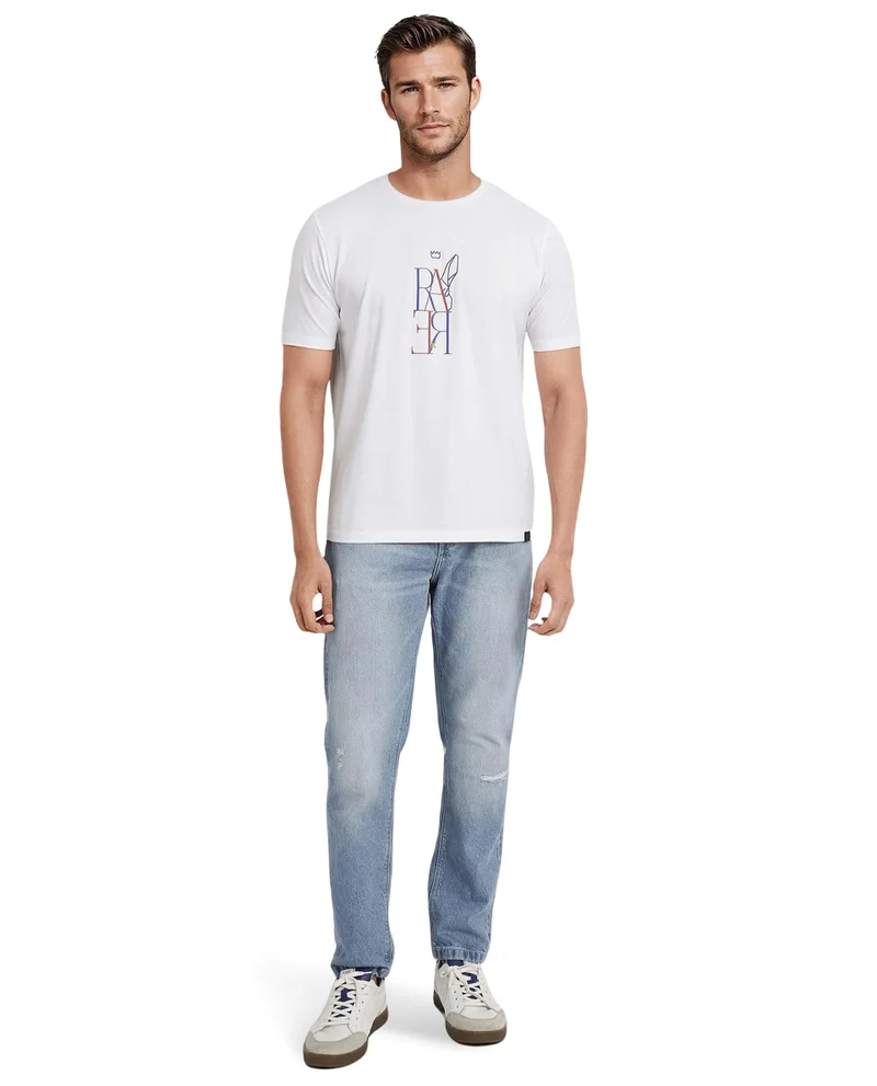 رير رابِت Rare Rabbit Men Keat White Short Sleeves Crew Neck Regular Fit Hd Graphic Print T-Shirt