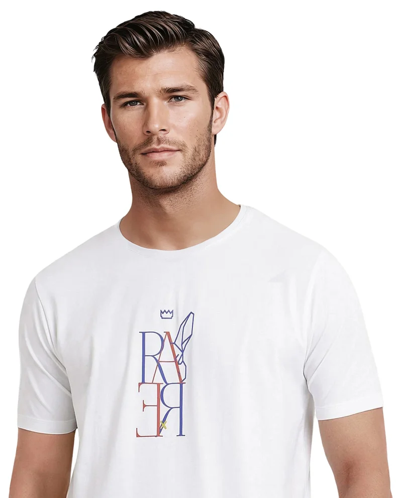 رير رابِت Rare Rabbit Men Keat White Short Sleeves Crew Neck Regular Fit Hd Graphic Print T-Shirt