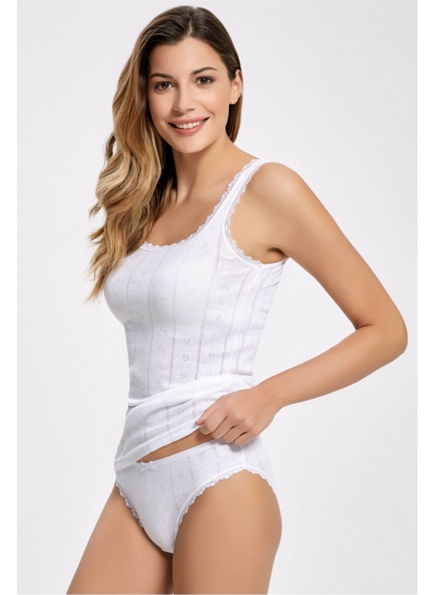 İLKE Ilke Women's Thick Strap Heart Patterned Jacquard Undershirt Panties Set-White 