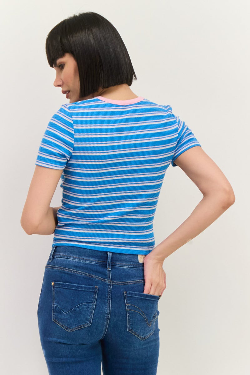 Lefties Women Crew Neck Short Sleeves Stripe Top, Blue - Image 3