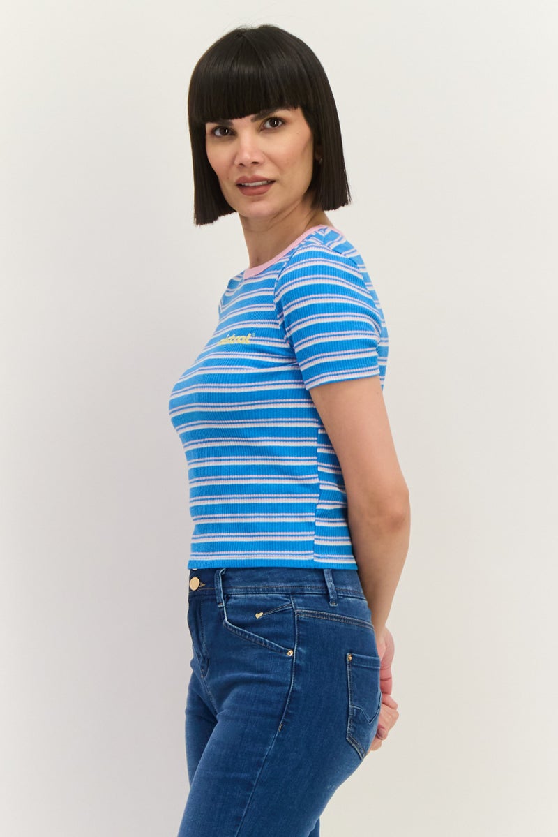 Lefties Women Crew Neck Short Sleeves Stripe Top, Blue - Image 2