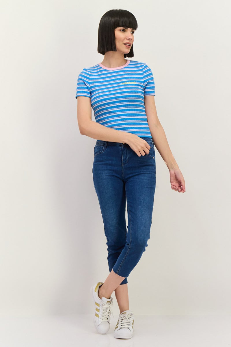 Lefties Women Crew Neck Short Sleeves Stripe Top, Blue - Image 4