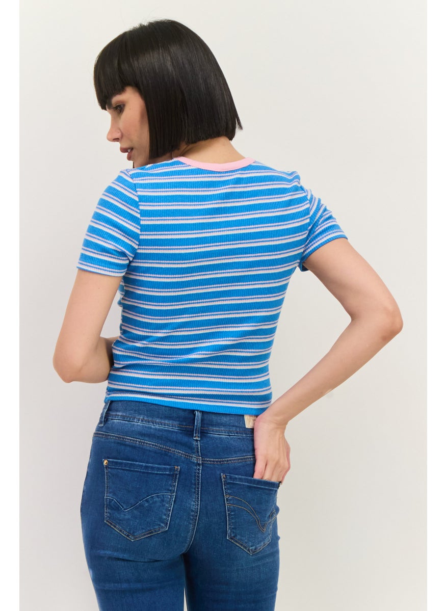 Lefties Women Crew Neck Short Sleeves Stripe Top, Blue  - Image 3