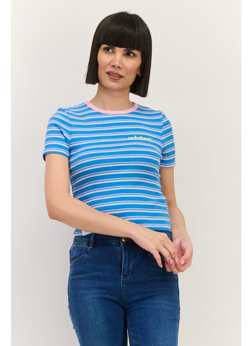 Lefties Women Crew Neck Short Sleeves Stripe Top, Blue  - Image 1