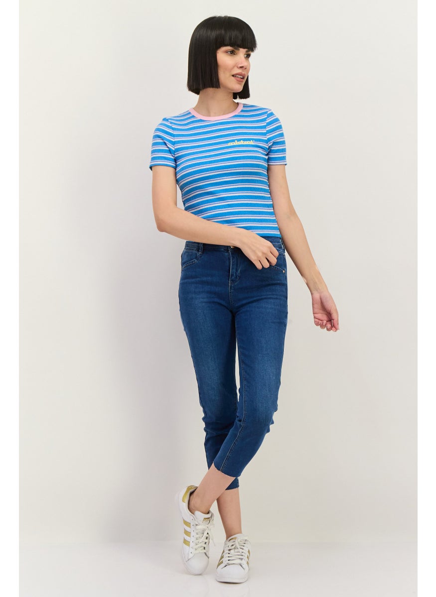 Lefties Women Crew Neck Short Sleeves Stripe Top, Blue  - Image 4
