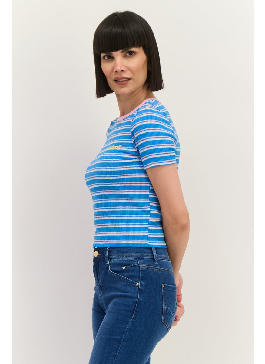 Lefties Women Crew Neck Short Sleeves Stripe Top, Blue  - Image 2