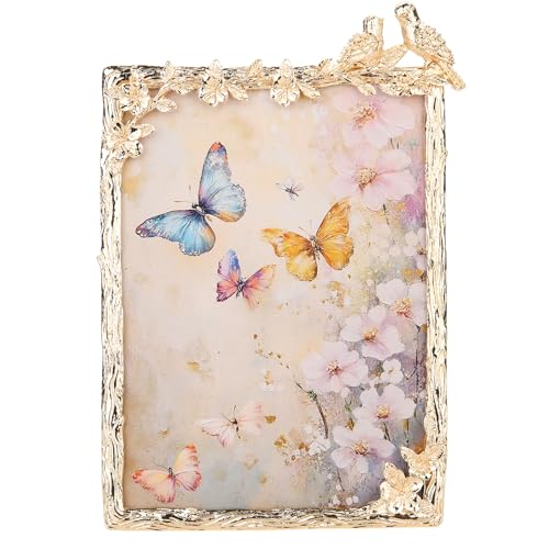 Goutangen 5x7 Gold Picture Frame Vintage Decor Metal Birds Floral Photo Frames with High Definition Glass Front Art Decor Tabletop Display Wedding Anniversary Romantic Gifts for Couples Wife - Image 1