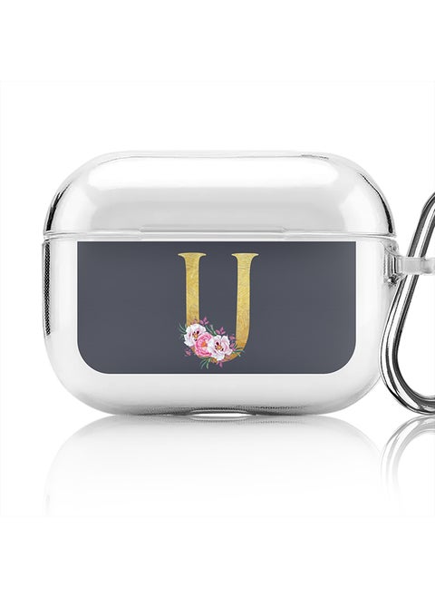 Classic Clear printed Case for Apple AirPods Pro 2nd Generation Thin Transparent Cover - Custom Monogram Initial Letter Floral Pattern Alphabet - U (Grey )