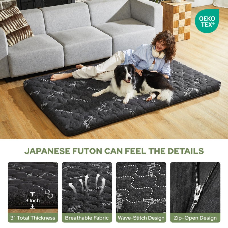 BEDLORE Japanese Floor Mattress Futon Mattress Full Size Viscose Derived from Bamboo, 3" Thick Tatami Mat with High Density Foam, Foldable & Portable Floor Lounger Bed, Roll Up Sleeping Pad, Guest Room - Image 5