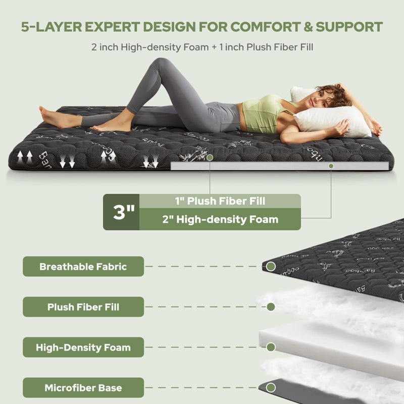 BEDLORE Japanese Floor Mattress Futon Mattress Full Size Viscose Derived from Bamboo, 3" Thick Tatami Mat with High Density Foam, Foldable & Portable Floor Lounger Bed, Roll Up Sleeping Pad, Guest Room - Image 3
