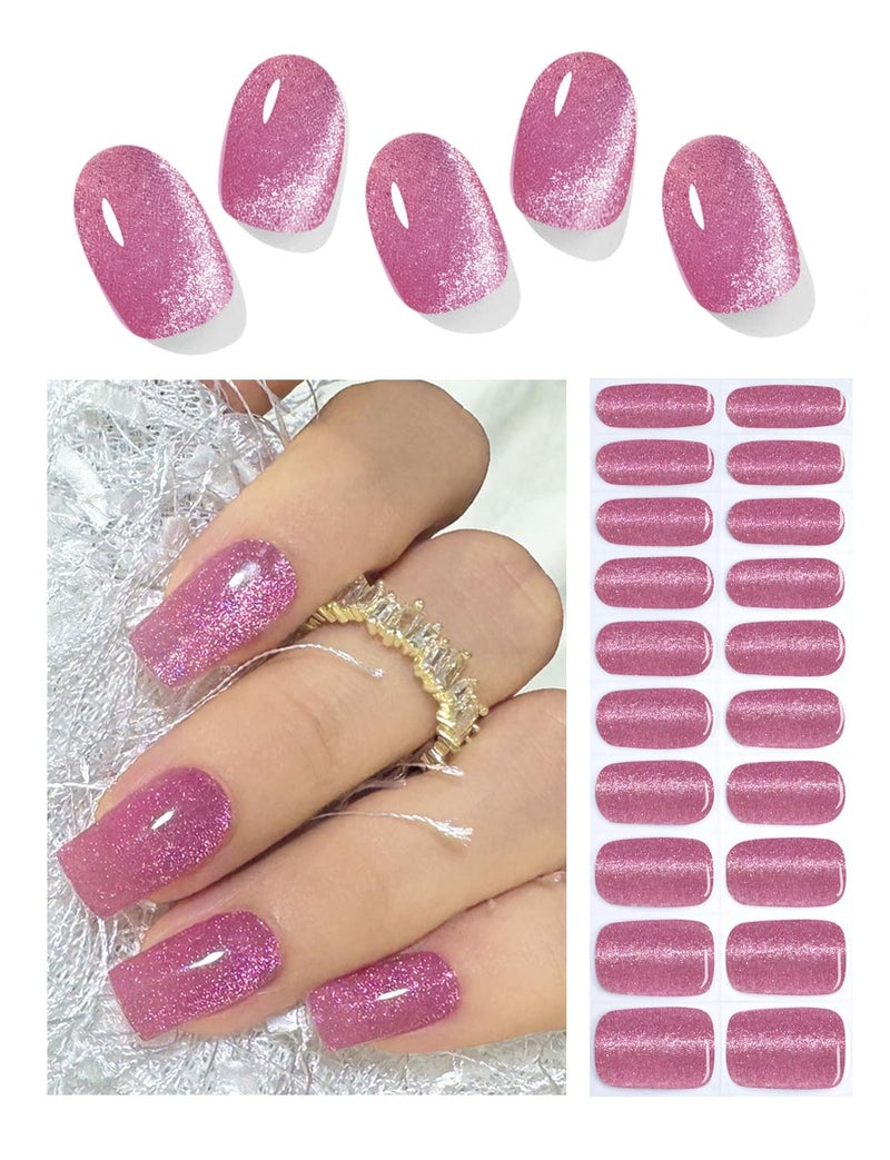 Wahrshei Plum Cat Eye Gel Nail Stickers, 20pcs UV Cured, Semi Cured Gel Nail Wraps for Home Nails DIY - Image 1