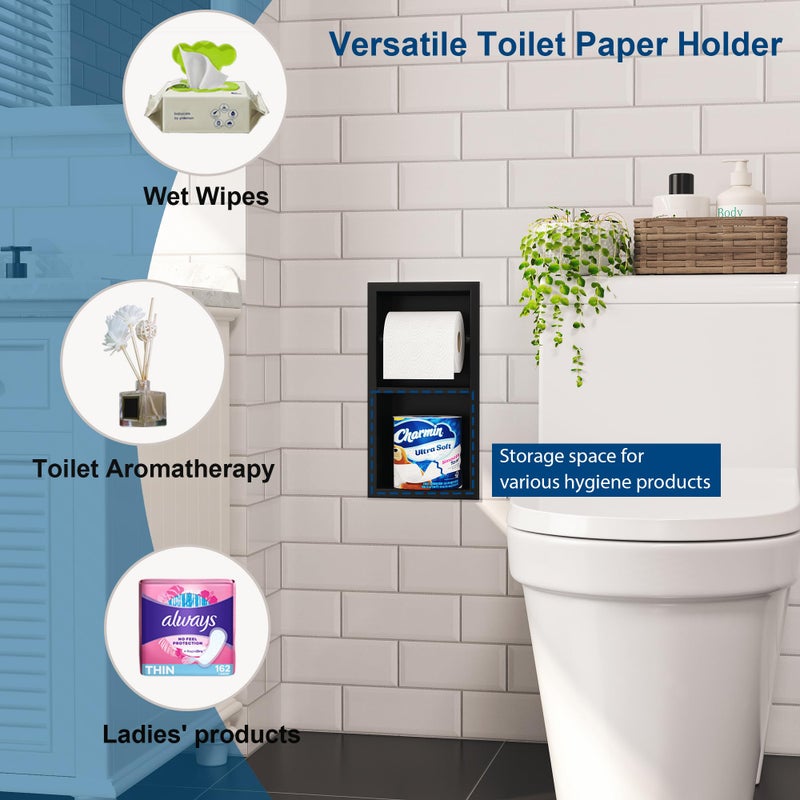Qeke Recessed Toilet Paper Holder  304 Stainless Steel Bathroom Toilet Paper Holder with Storage  in Wall Tissue Toilet Roll Holder  Matte Black - Image 3