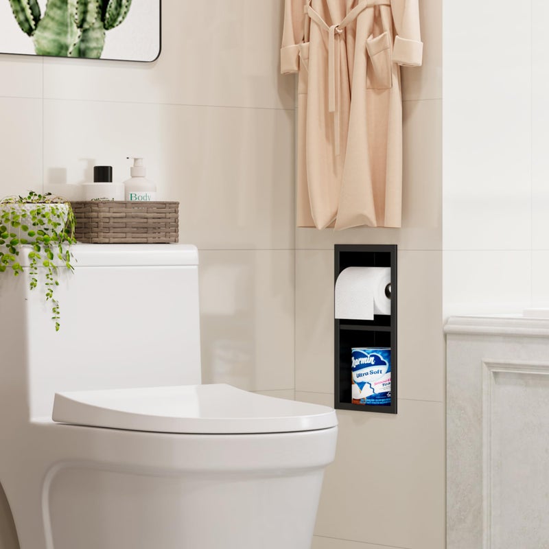 Qeke Recessed Toilet Paper Holder  304 Stainless Steel Bathroom Toilet Paper Holder with Storage  in Wall Tissue Toilet Roll Holder  Matte Black - Image 5