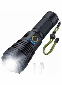 Rechargeable LED Torch High Lumen, 90000 Lumen Super Bright Tactical with 5 Light Modes and 26650 Battery Zoom Waterproof for Hiking Camping Ride or Emergency (Black)