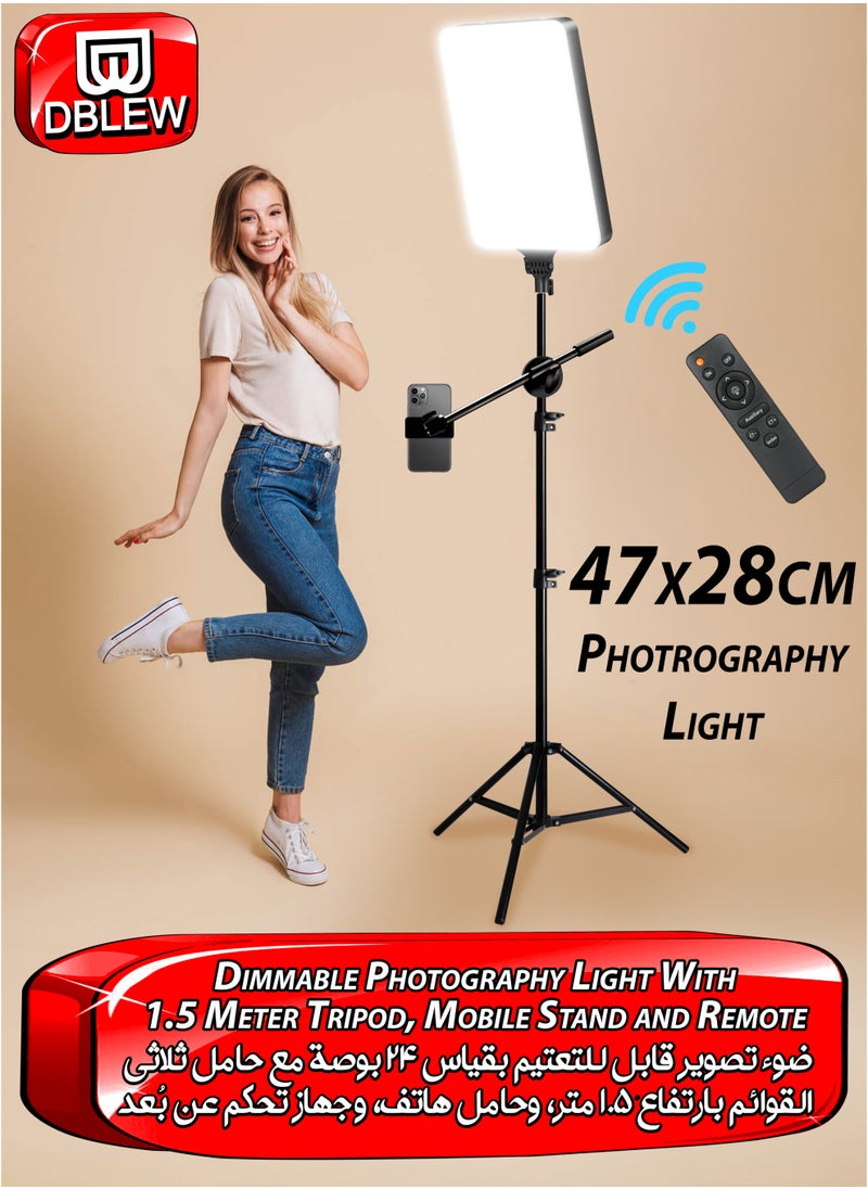 DBLEW LED Video Light Panel with 1.5M Tripod Stand and Remote Ultra-Thin Borderless Photography Lightning Kit 2500-7500K Dimmable 3-Color Studio Lighting with High CRI 97+ for Vlogging, YouTube, TikTok, Makeup, Live Game Streaming, Video shooting, Portrait and Product Shoots 180° Adjustable Tiltable Selfie Light, 360° Rotating Mobile Holder  - Image 1