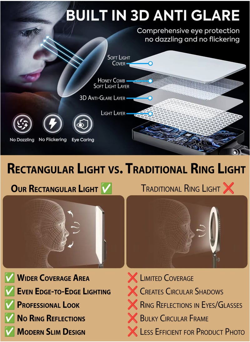 DBLEW LED Video Light Panel with 1.5M Tripod Stand and Remote Ultra-Thin Borderless Photography Lightning Kit 2500-7500K Dimmable 3-Color Studio Lighting with High CRI 97+ for Vlogging, YouTube, TikTok, Makeup, Live Game Streaming, Video shooting, Portrait and Product Shoots 180° Adjustable Tiltable Selfie Light, 360° Rotating Mobile Holder  - Image 3