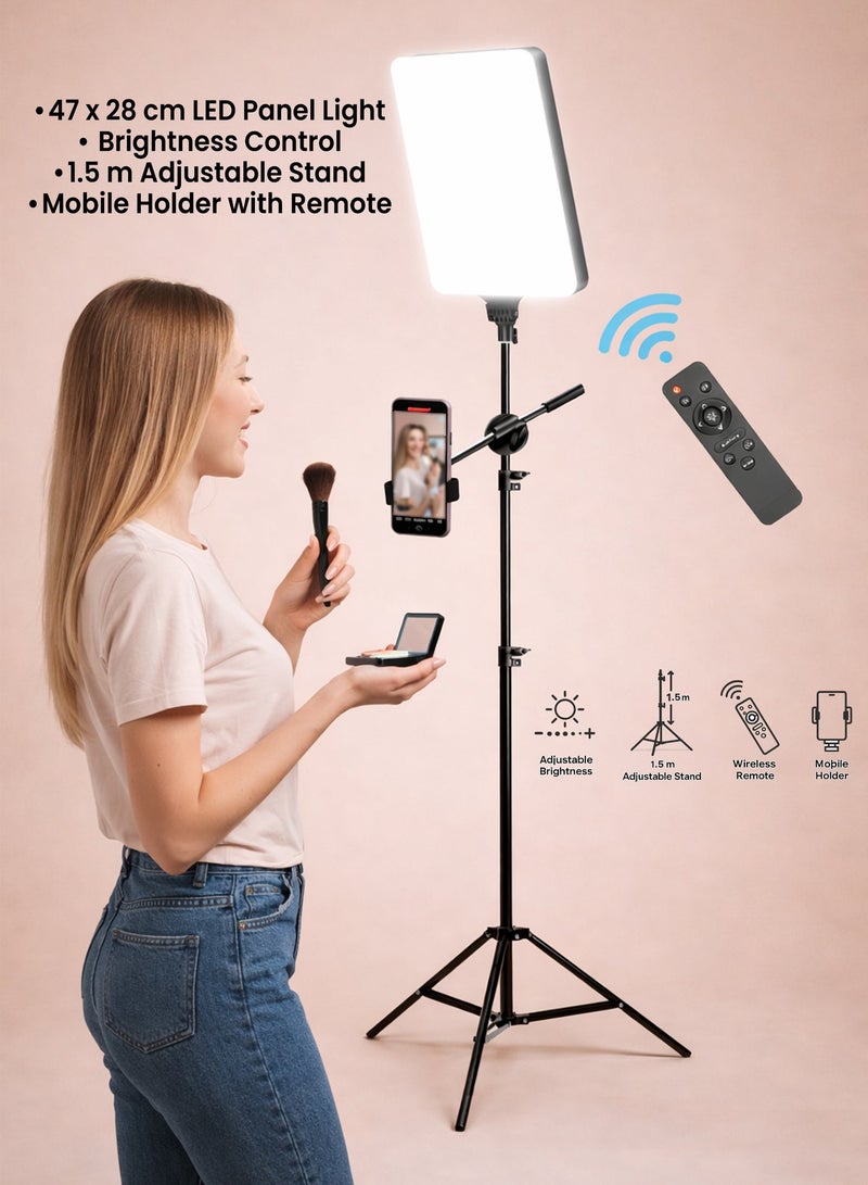 دي بلو لوحة إضاءة فيديو LED مع حامل ترايبود بارتفاع 1.5 متر وجهاز تحكم عن بُعد – طقم إضاءة تصوير فائق النحافة بدون حواف بدرجات حرارة لونية قابلة للتعديل من 2500K إلى 7500K، إضاءة استوديو بثلاثة ألوان وقابلية لتعتيم الإضاءة، مع مؤشر تجسيد ألوان عالي CRI 97+، مثالي للفلوغ، يوتيوب، تيك توك، المكياج، البث المباشر للألعاب، تصوير الفيديو، التصوير الشخصي وتصوير المنتجات – ضوء سيلفي قابل للإمالة حتى 180 درجة وحامل جوال دوّار بزاوية 360 درجة - Image 1