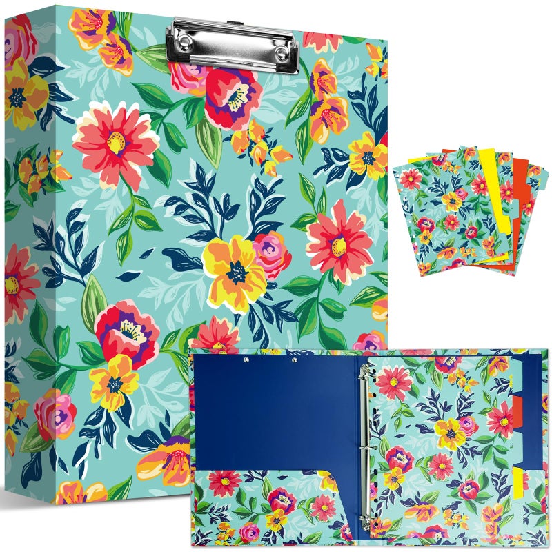 Kidepoch Decorative 3-Ring Binders with Chipboard, 1.5 Inch Wide Floral Hardcover Binder with Dividers & Pockets, Watercolor Blue Floral Design Decorative Hardcover 3 Ring Binder - Image 1