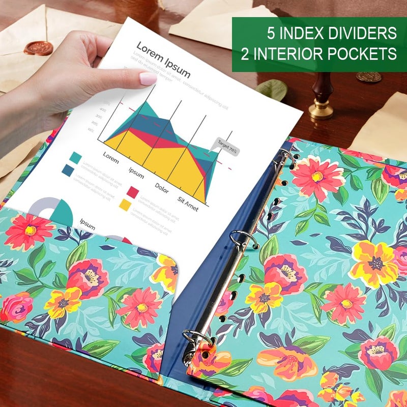 Kidepoch Decorative 3-Ring Binders with Chipboard, 1.5 Inch Wide Floral Hardcover Binder with Dividers & Pockets, Watercolor Blue Floral Design Decorative Hardcover 3 Ring Binder - Image 4
