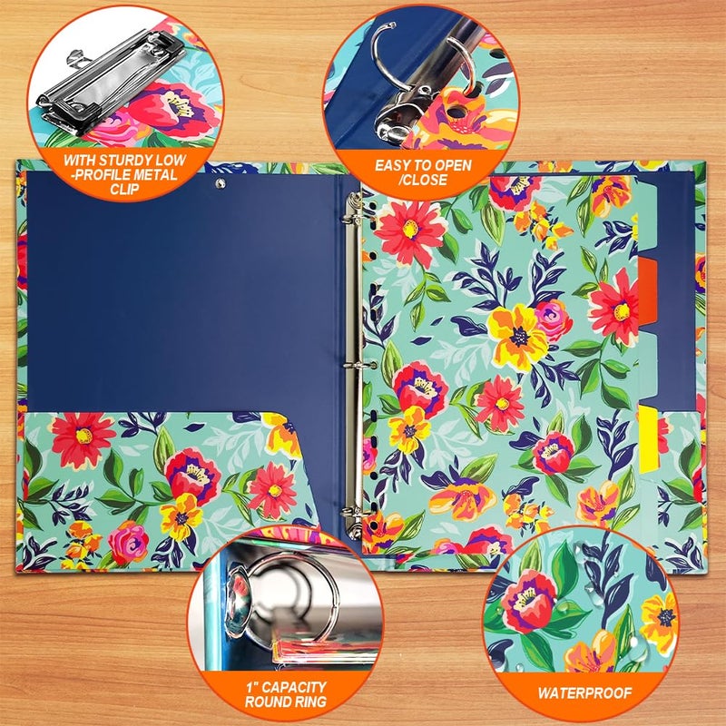 Kidepoch Decorative 3-Ring Binders with Chipboard, 1.5 Inch Wide Floral Hardcover Binder with Dividers & Pockets, Watercolor Blue Floral Design Decorative Hardcover 3 Ring Binder - Image 5